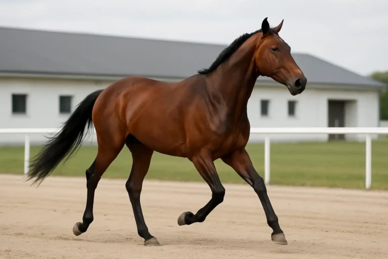Cheval Pur-sang élancé sur une piste d’entraînement hippique
