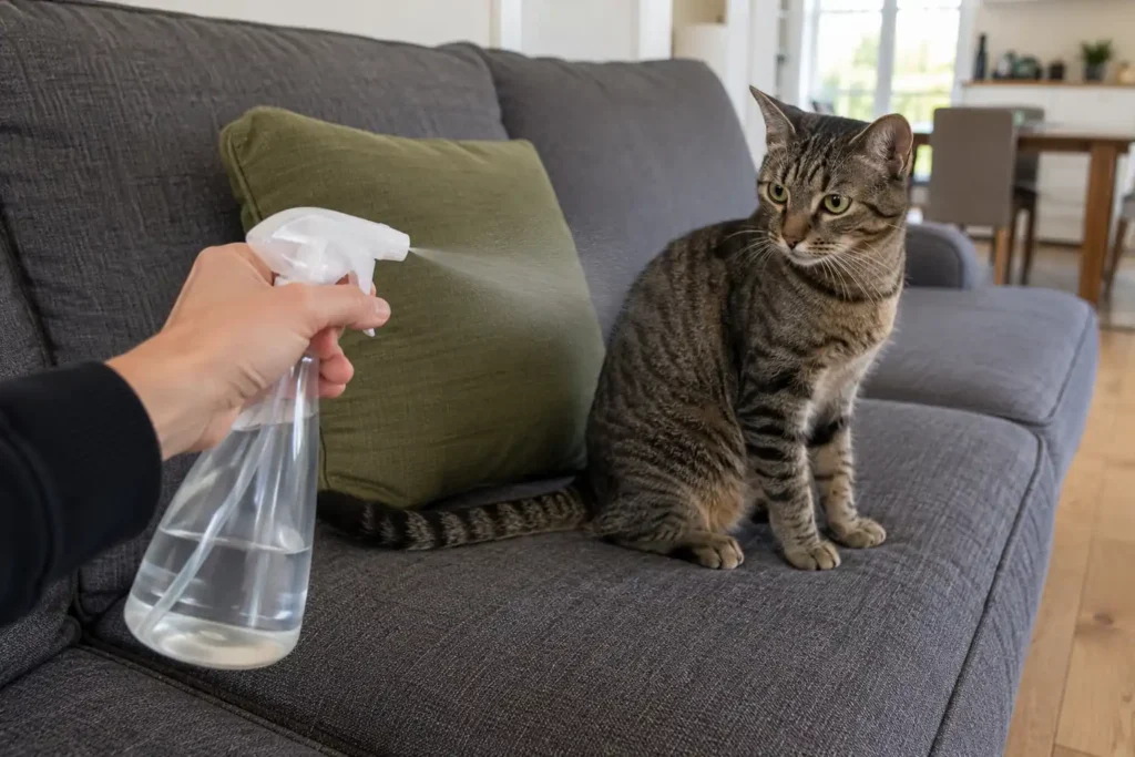 Chat tigré sur un canapé près d’un spray répulsif naturel