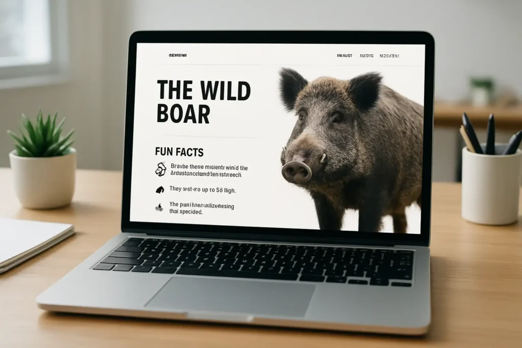 Écran d’ordinateur affichant un site web humoristique autour d’un sanglier