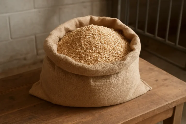 Seau ouvert rempli de son de blé dans un contexte d’élevage