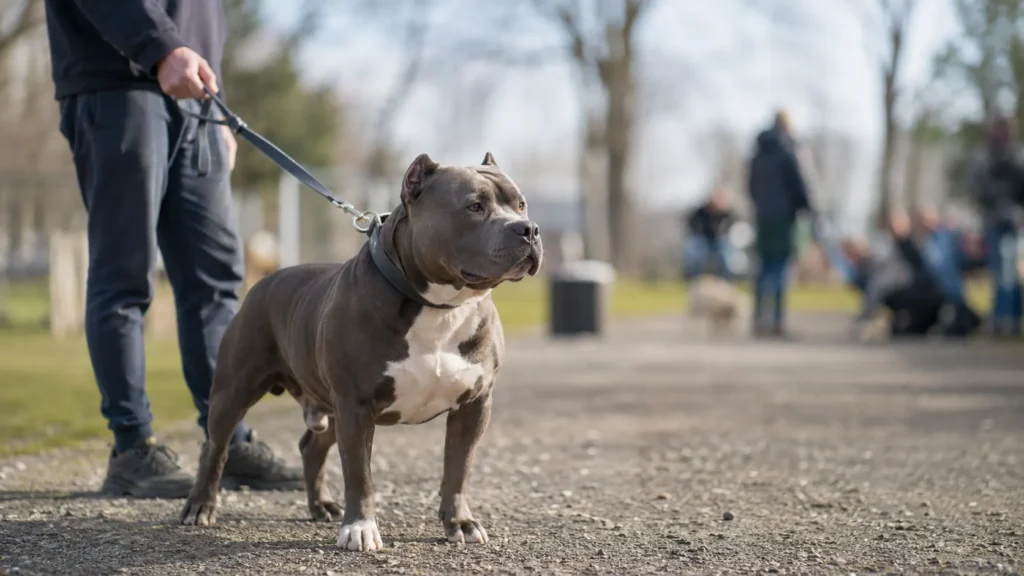 Chien de type Staff Bully tenu en laisse dans un parc