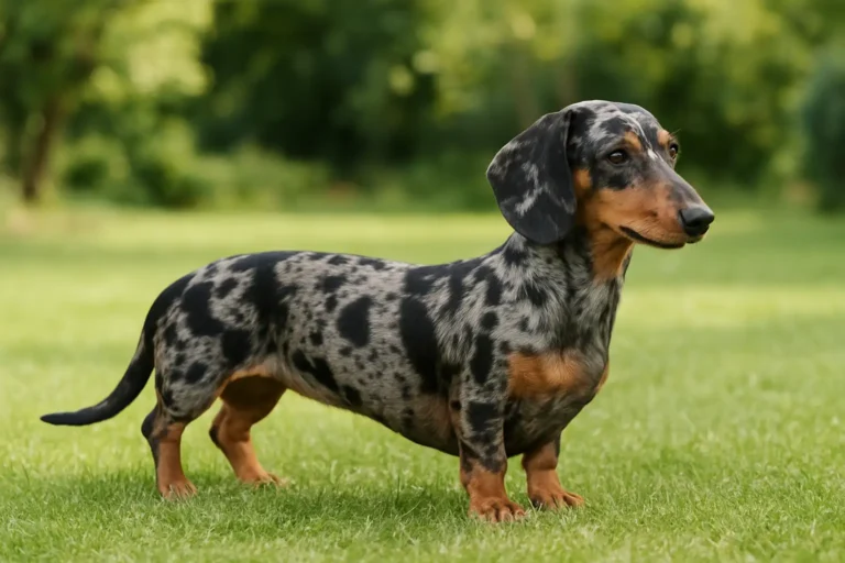 Teckel arlequin avec robe merle dans un cadre extérieur lumineux