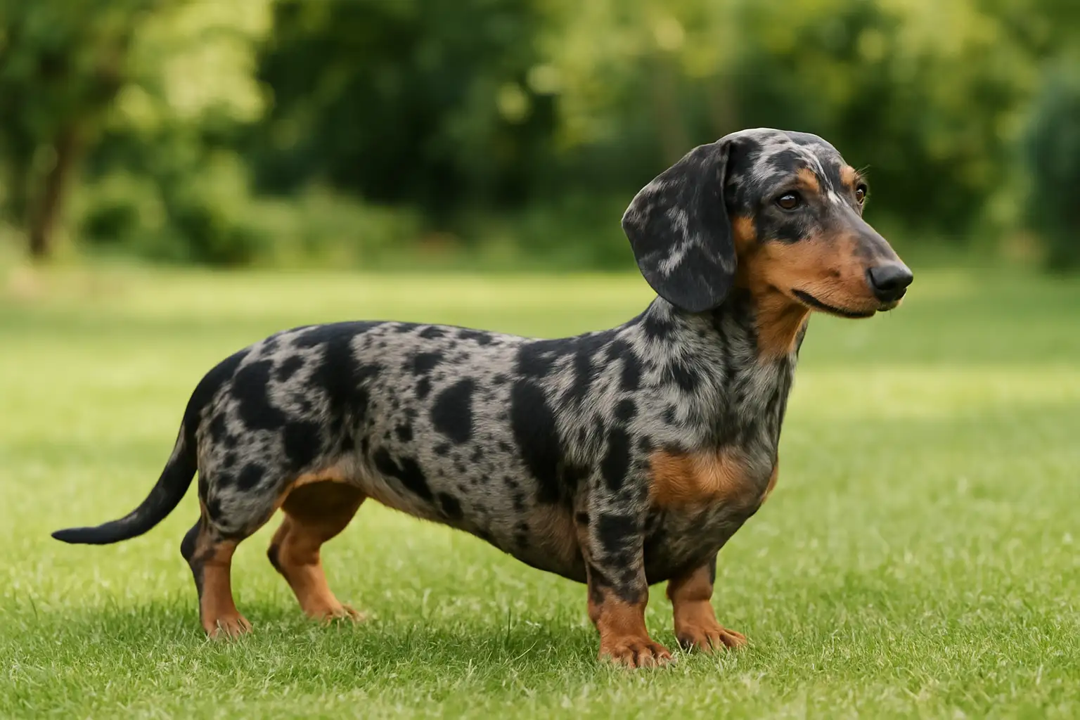 Teckel arlequin avec robe merle dans un cadre extérieur lumineux