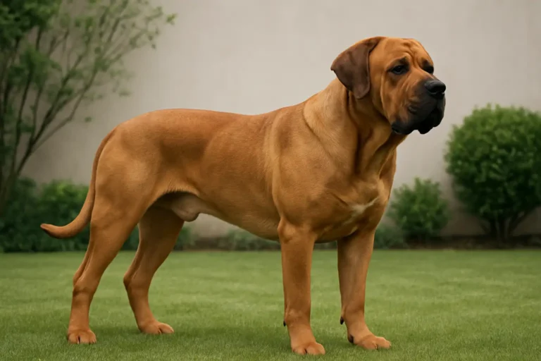 Tosa Inu adulte de grande taille dans un jardin, chien japonais calme au pelage court fauve