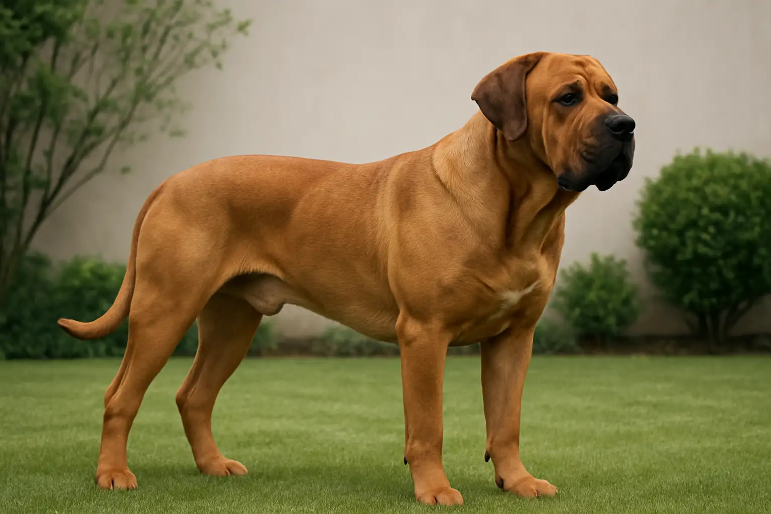 Tosa Inu adulte de grande taille dans un jardin, chien japonais calme au pelage court fauve