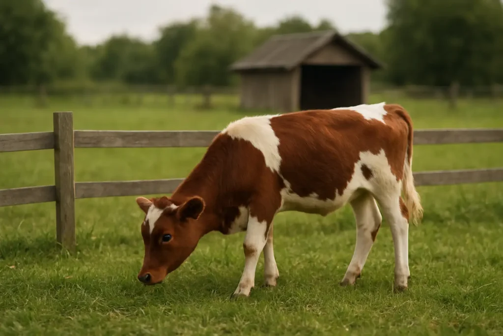 Mini-vache pâturant dans un parc clôturé avec un petit abri en arrière-plan