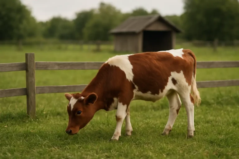 Mini-vache pâturant dans un parc clôturé avec un petit abri en arrière-plan