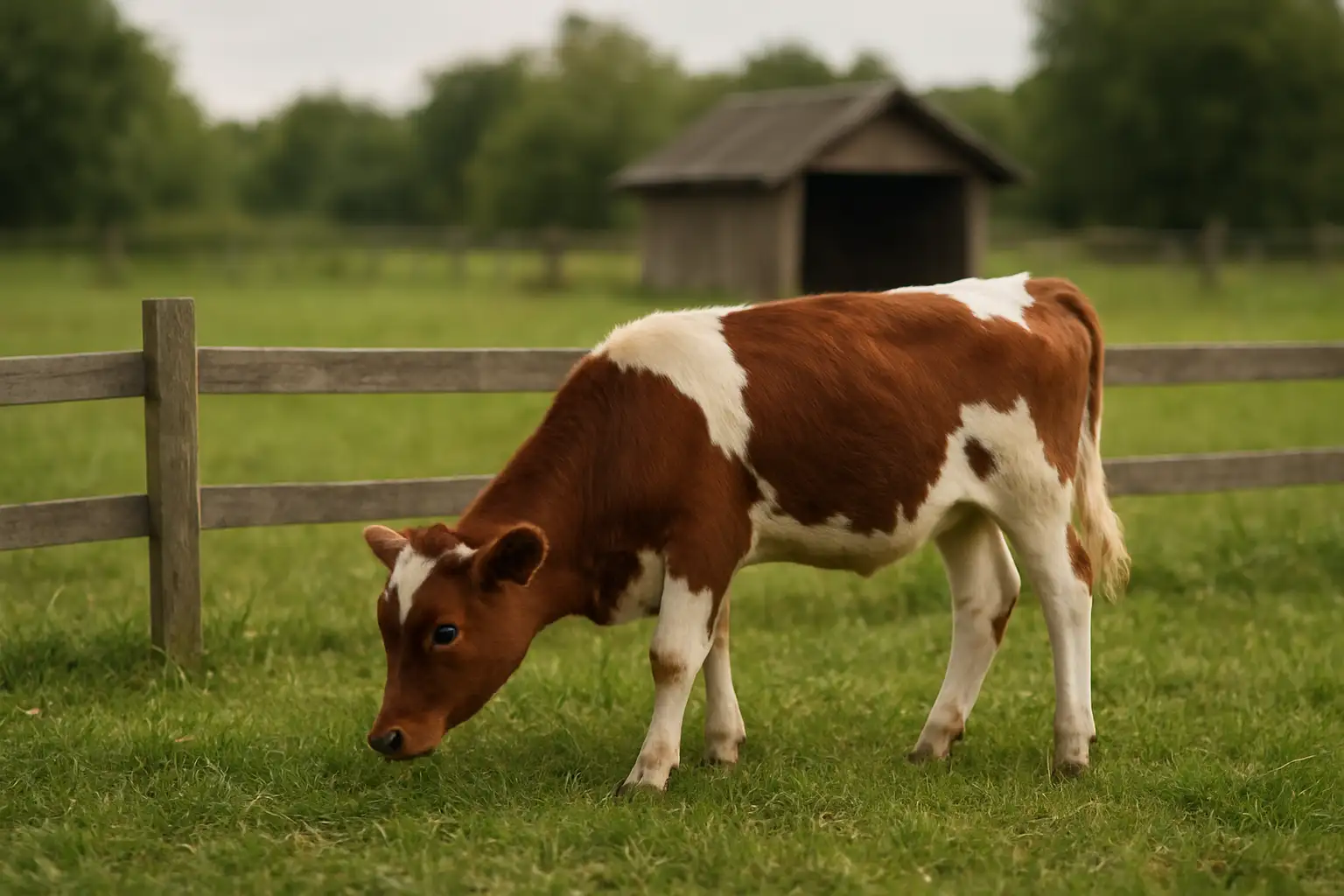 Mini-vache pâturant dans un parc clôturé avec un petit abri en arrière-plan