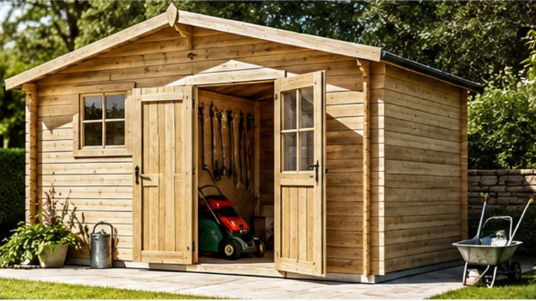 Abri de jardin en bois avec outils et tondeuse dans un jardin arboré.