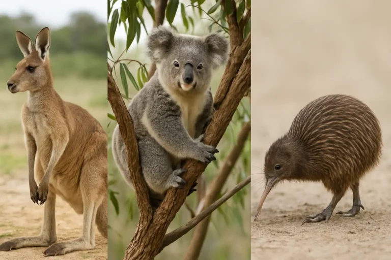 Kangourou, koala et kiwi dans un décor naturel