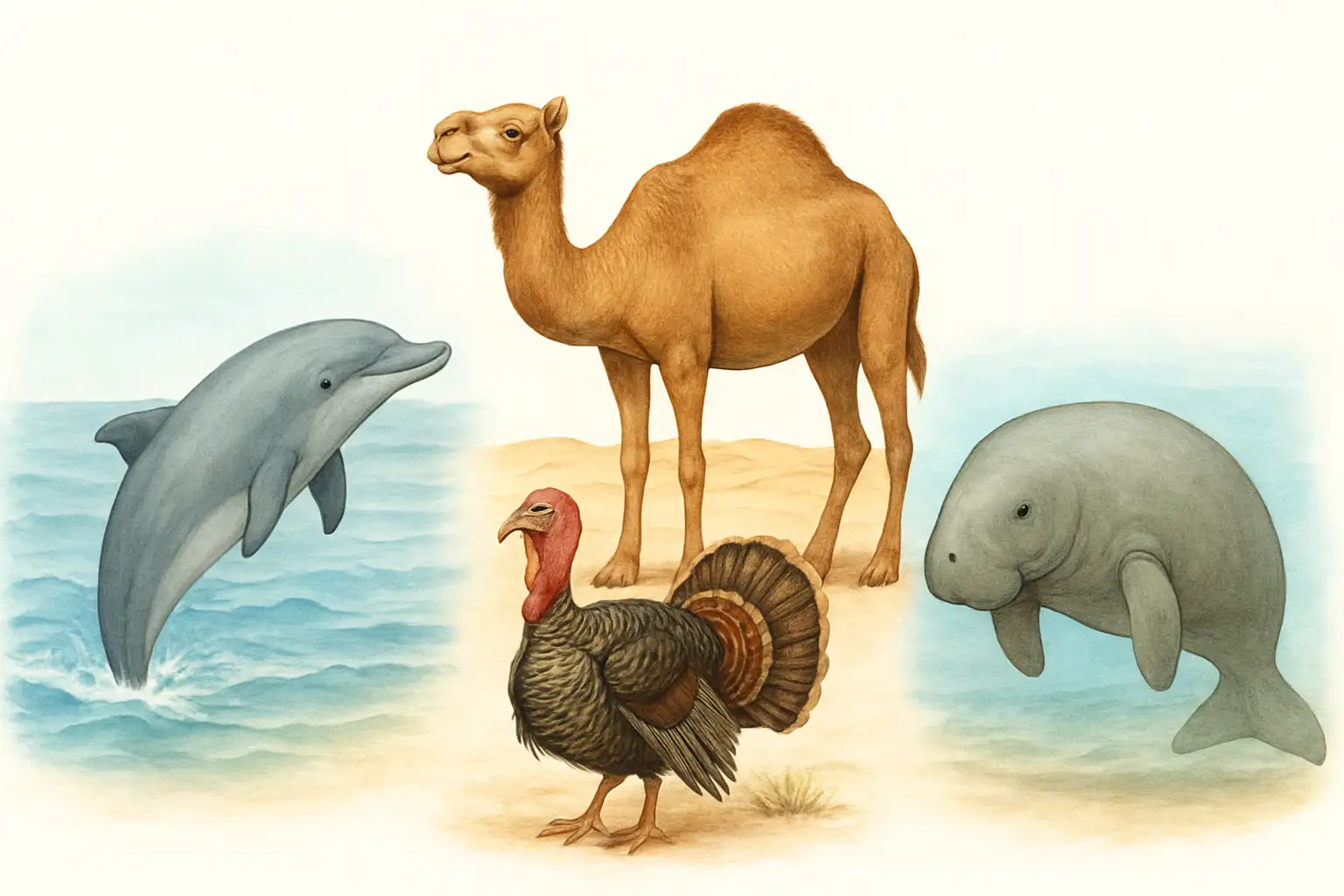 Animaux en D illustrés dans une scène éducative avec dauphin, dromadaire, dinde et dugong.