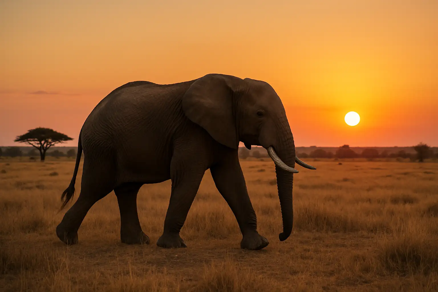 Un éléphant d’Afrique marchant dans la savane au coucher du soleil.