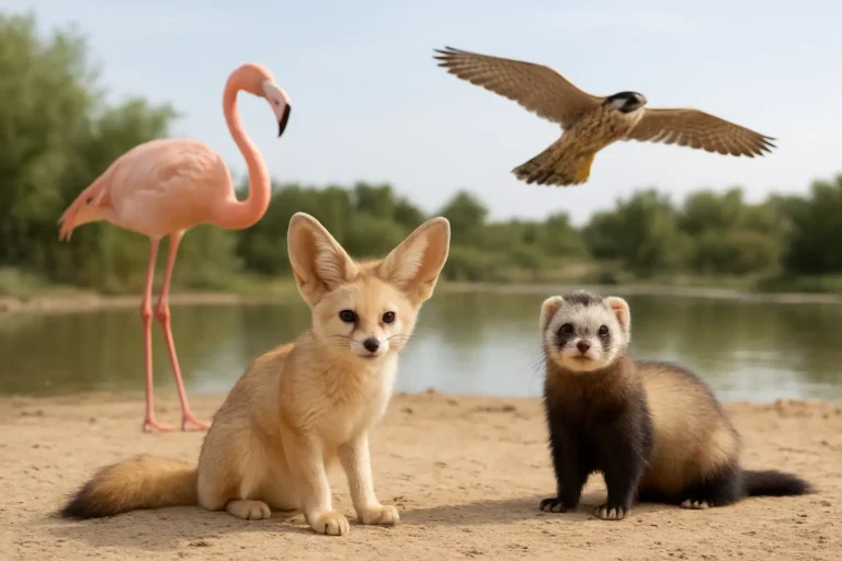 Quatre animaux commençant par F dans un paysage naturel : flamant rose, fennec, furet et faucon