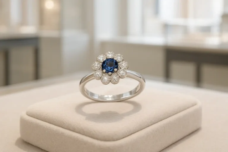 Bague marguerite en vitrine, avec pierre centrale entourée de petits diamants