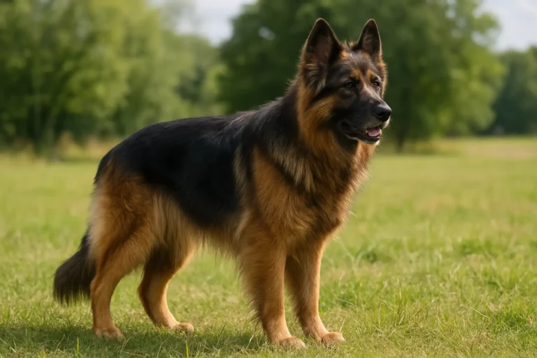 Berger Allemand ancien type au poil long, debout dans un cadre naturel