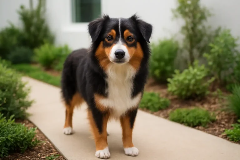 Un petit chien de type berger australien dans un jardin lumineux