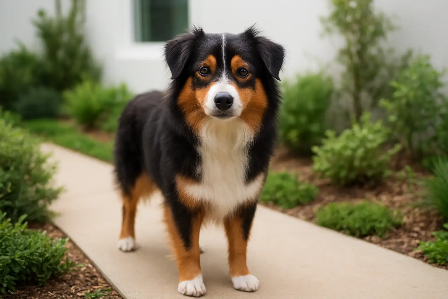 Un petit chien de type berger australien dans un jardin lumineux