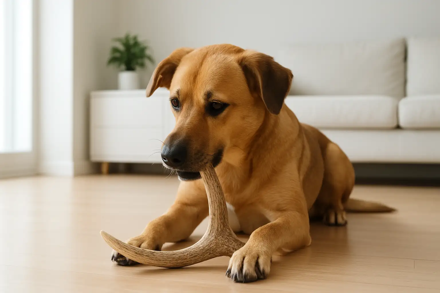 Un chien mâche un bois de cerf naturel dans un intérieur lumineux.