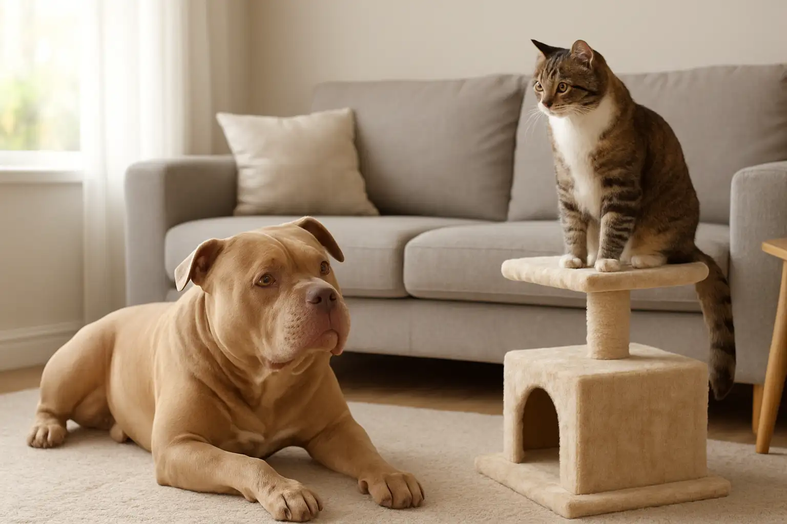 American Bully XL et chat vivant ensemble dans un salon