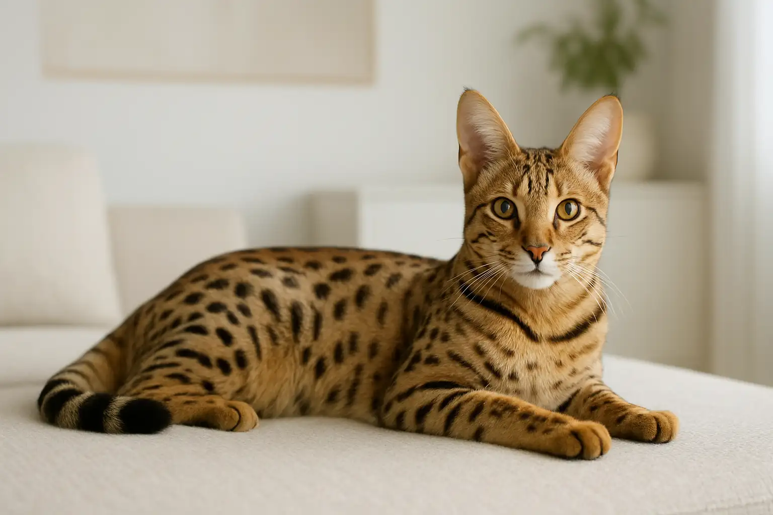 Chat Savannah adulte dans un intérieur moderne, avec sa robe tachetée bien visible.
