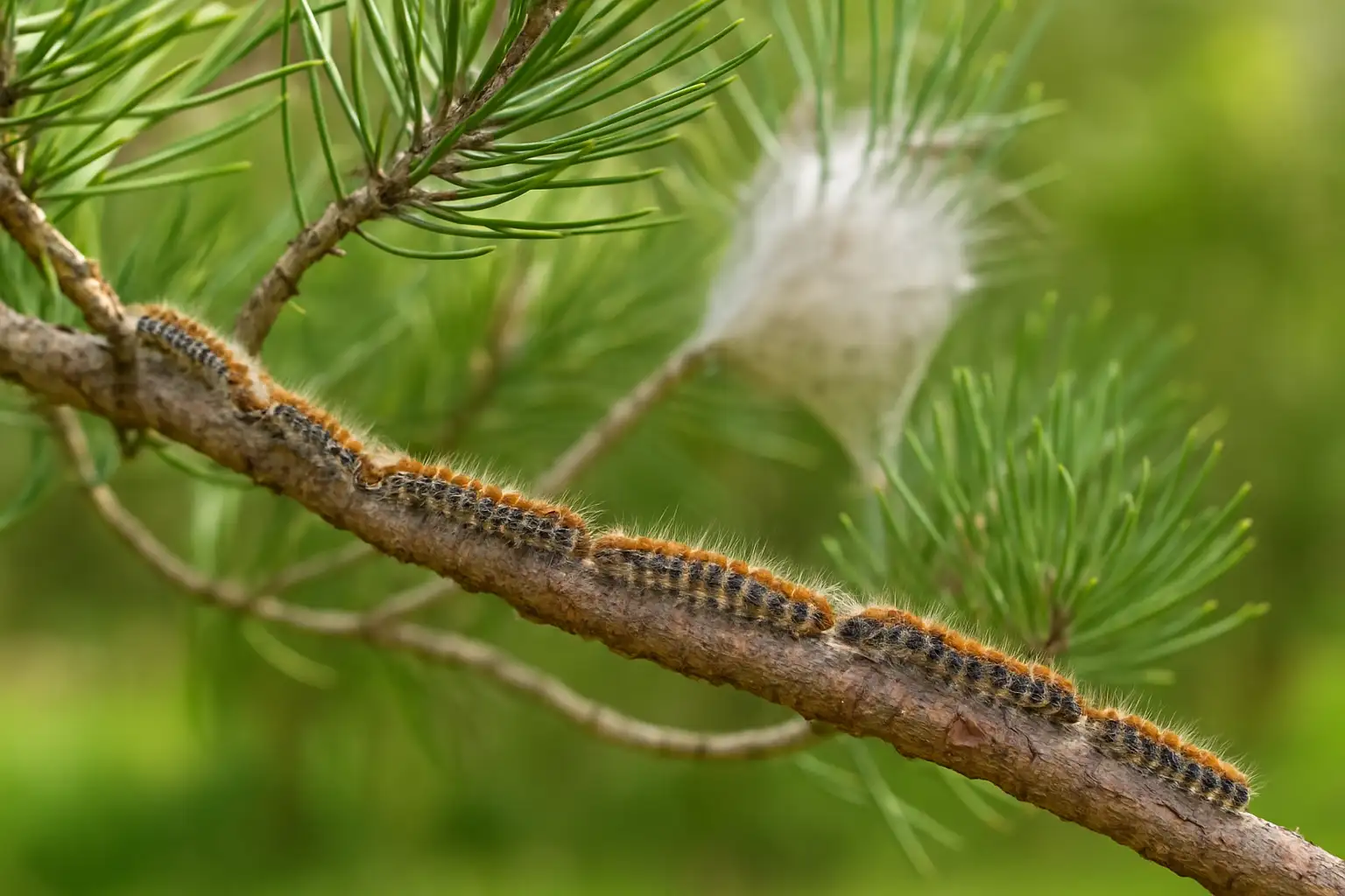 Chenille processionnaire sur une branche de pin dans un jardin