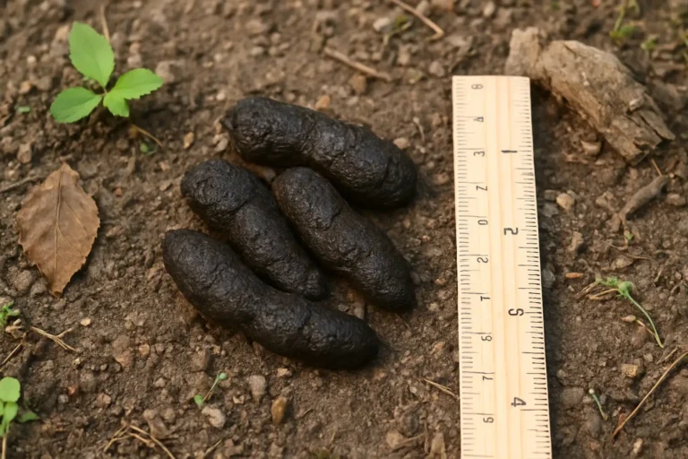 Crottes d’animaux nocturnes sur un sol de jardin avec une règle pour l’échelle