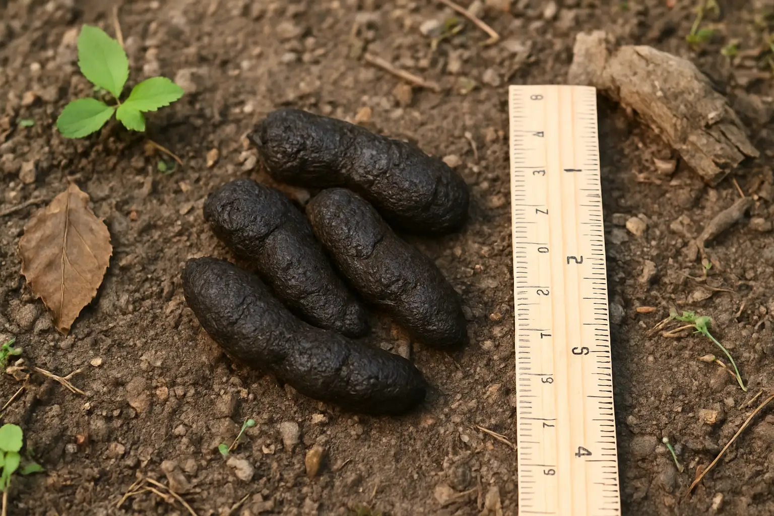 Crottes d’animaux nocturnes sur un sol de jardin avec une règle pour l’échelle