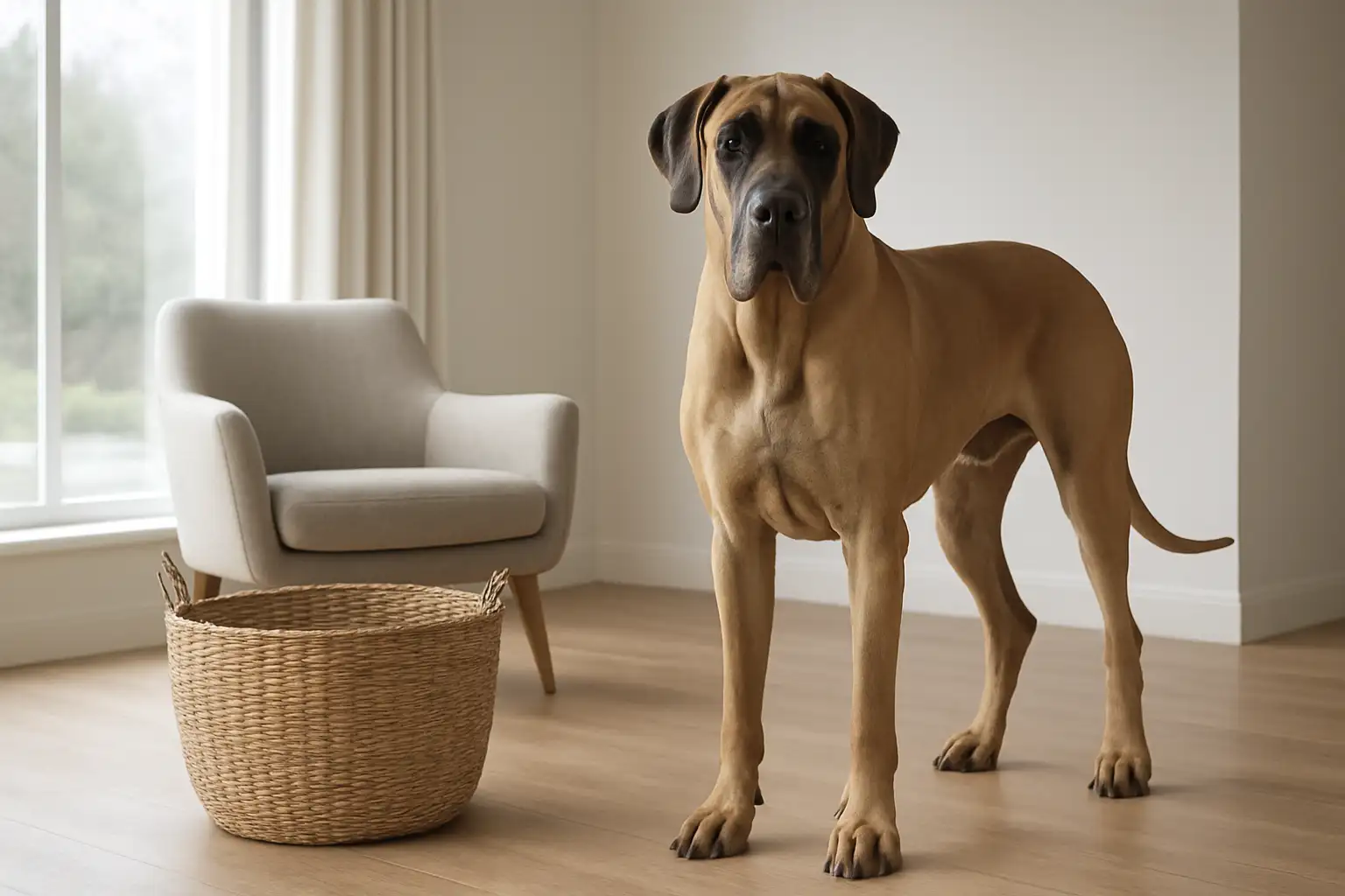 Dogue allemand adulte debout dans une maison, montrant sa grande taille