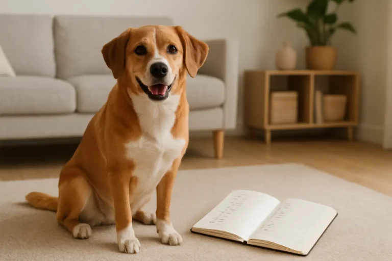 Un chien assis près d’un carnet de prénoms de chien en V
