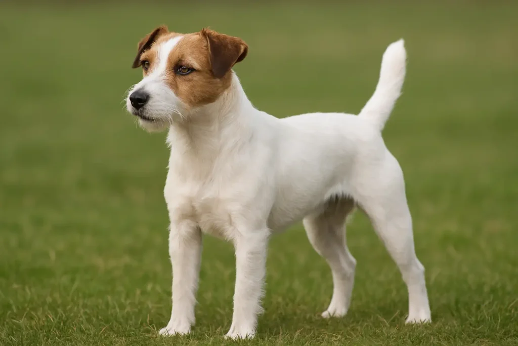 Parson Russell Terrier adulte debout dans l’herbe, vu de trois-quarts