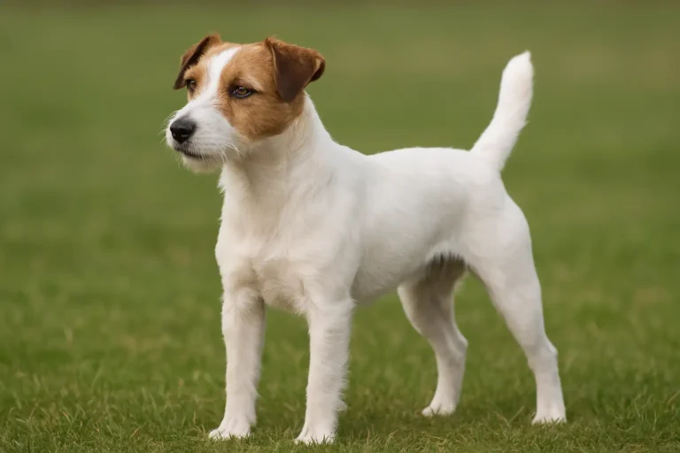 Parson Russell Terrier adulte debout dans l’herbe, vu de trois-quarts