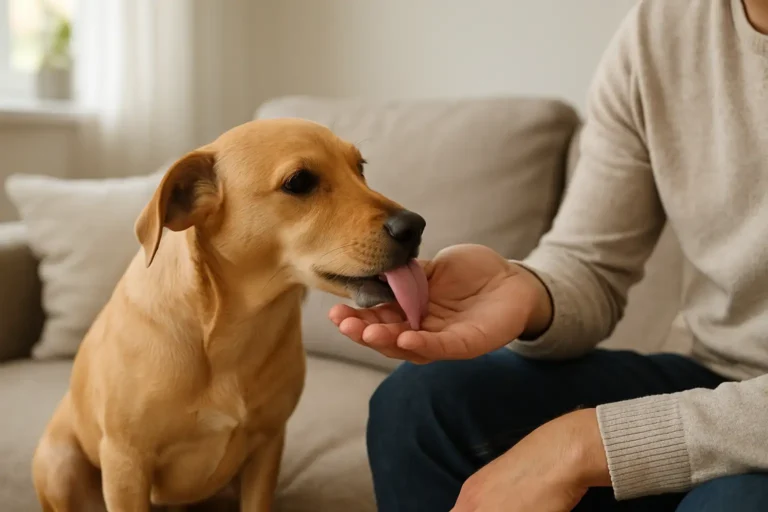 Un chien lèche la main de son propriétaire sur un canapé, illustrant un comportement affectueux et apaisant