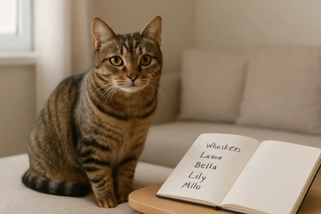 Chatte assise sur un coussin à côté d’un carnet ouvert avec des idées de prénoms