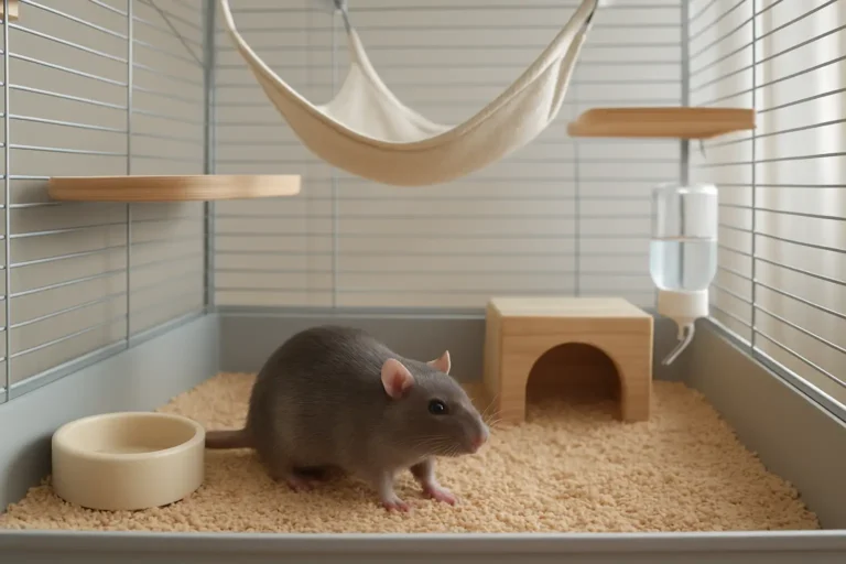 Ratte domestique dans une cage aménagée avec accessoires et litière propre