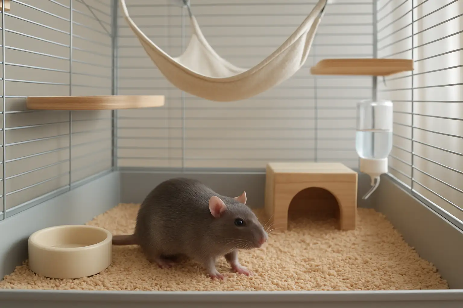 Ratte domestique dans une cage aménagée avec accessoires et litière propre