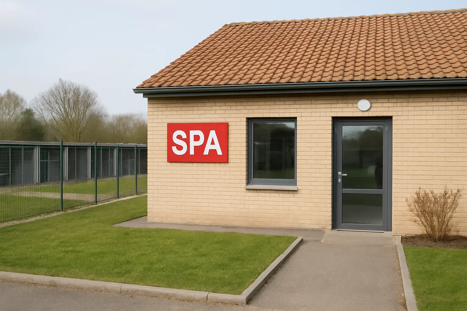 Façade extérieure de la SPA de Marly, refuge animalier avec espace de promenade et chenils