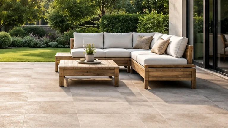 Terrasse extérieure moderne avec mobilier de jardin et revêtement en dalles claires.