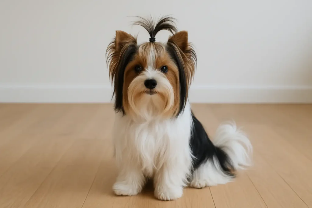 Biewer Terrier adulte assis en intérieur, robe tricolore visible et queue portée naturellement