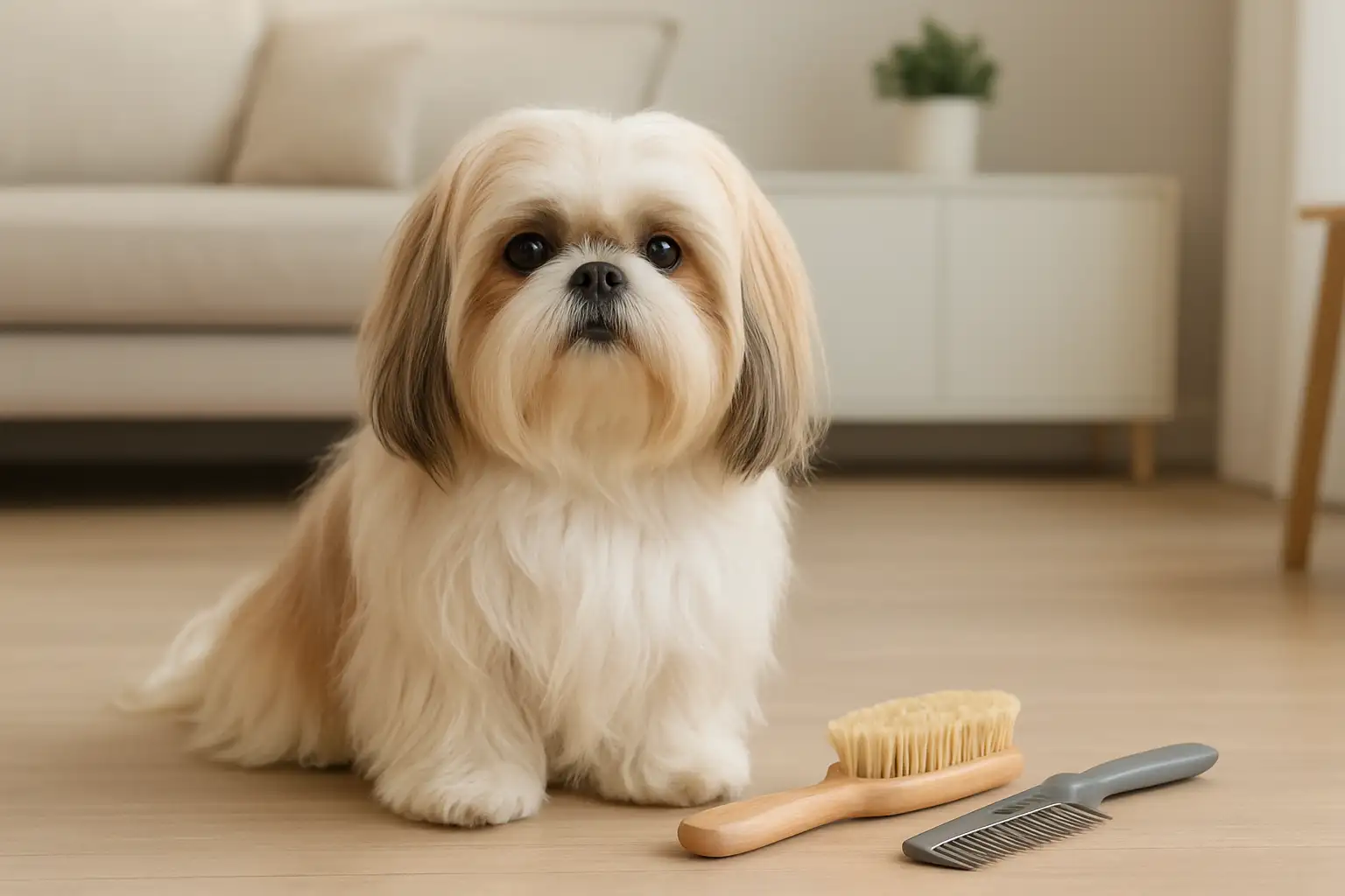 Un Shih Tzu à poil long avec des accessoires de toilettage