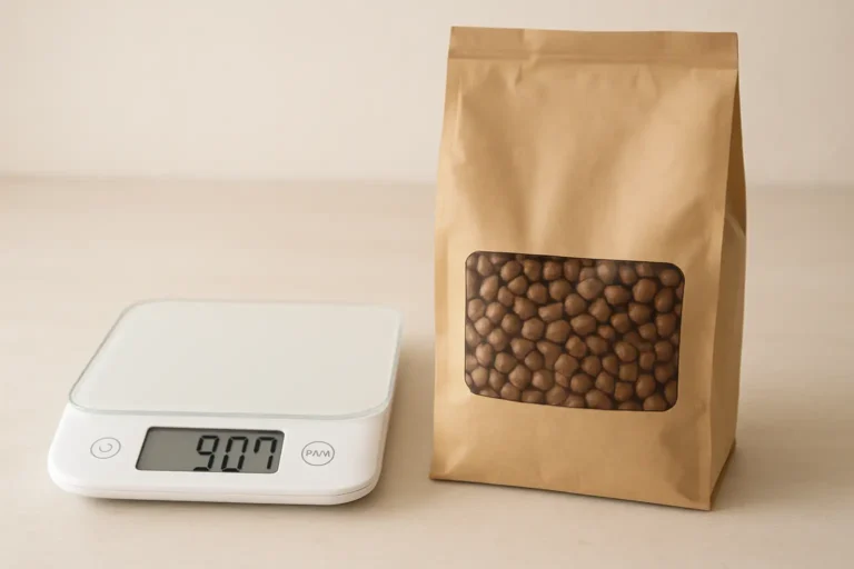 Balance numérique affichant environ 9,07 kg à côté d’un sac de croquettes pour animaux