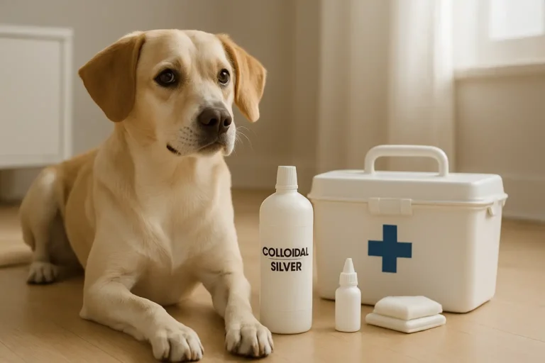 Chien de compagnie avec un flacon de solution de soin à base d’argent colloïdal