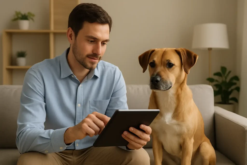 Propriétaire consultant une assurance santé pour chien à côté de son animal