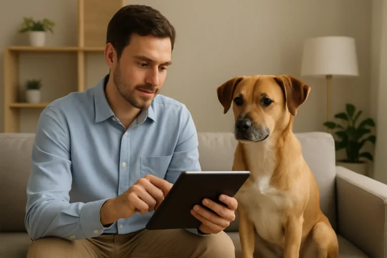 Propriétaire consultant une assurance santé pour chien à côté de son animal