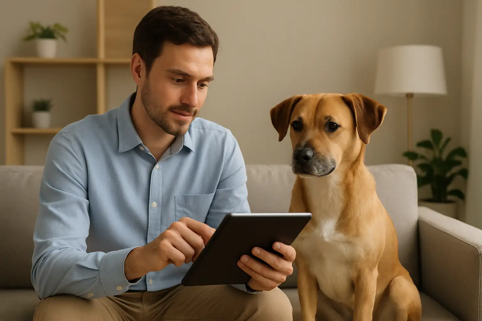 Propriétaire consultant une assurance santé pour chien à côté de son animal