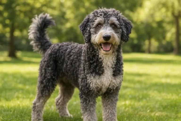 Un Aussiedoodle adulte au pelage ondulé dans un parc lumineux