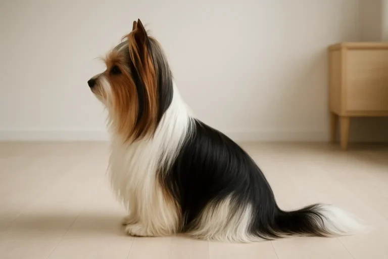Biewer Terrier adulte de profil avec pelage tricolore noir, blanc et or, dans un intérieur clair et minimaliste.