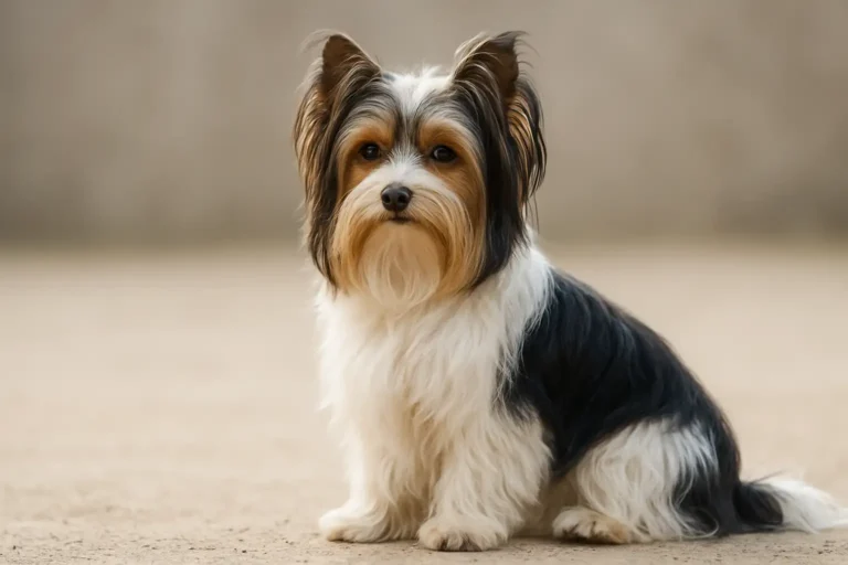 Biewer Terrier adulte assis, montrant son pelage tricolore
