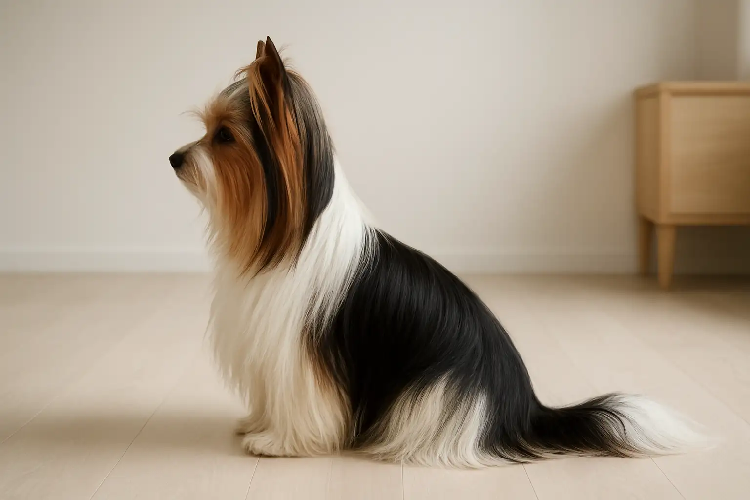 Biewer Terrier adulte de profil avec pelage tricolore noir, blanc et or, dans un intérieur clair et minimaliste.