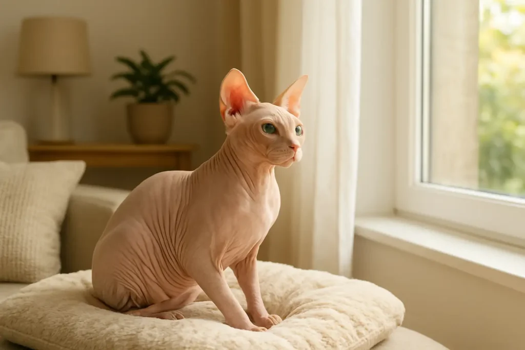 Chat sans poils de type Sphynx sur un coussin dans un intérieur chaleureux