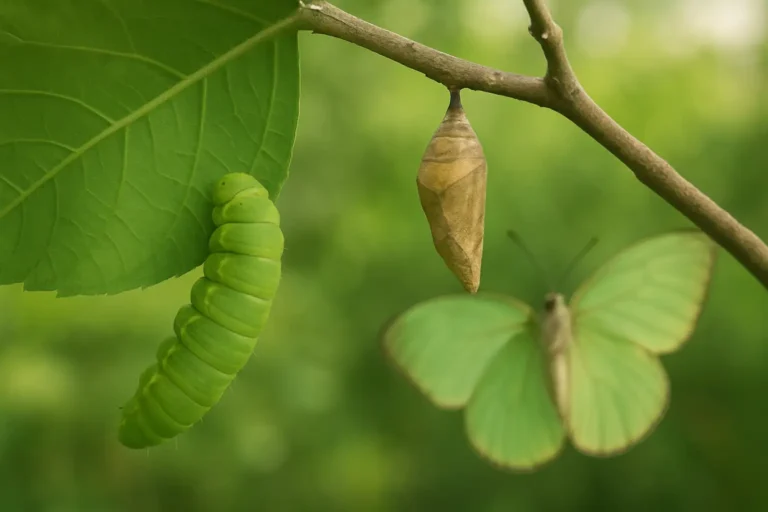 Chenille de papillon sur une feuille, avec chrysalide et papillon adulte en arrière-plan